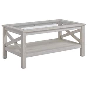 39.25 in. White Oak Rectangle Glass Coffee Table with Wood Frame and Underneath Storage Shelf