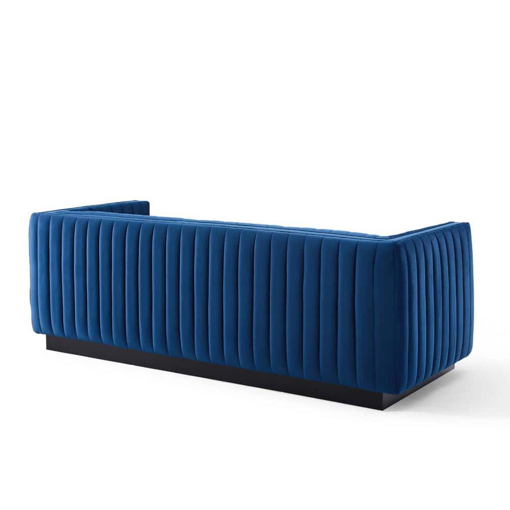 Elegant Navy Velvet Tufted Tuxedo Sofa with Solid Wood Base