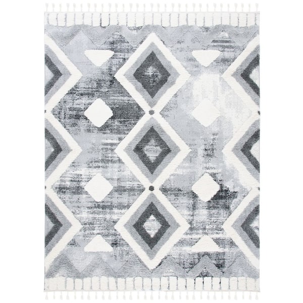 Moroccan Tassel Shag 9 ft. x 12 ft. Gray/Ivory High-Low Zig-Zag Diamond Area Rug