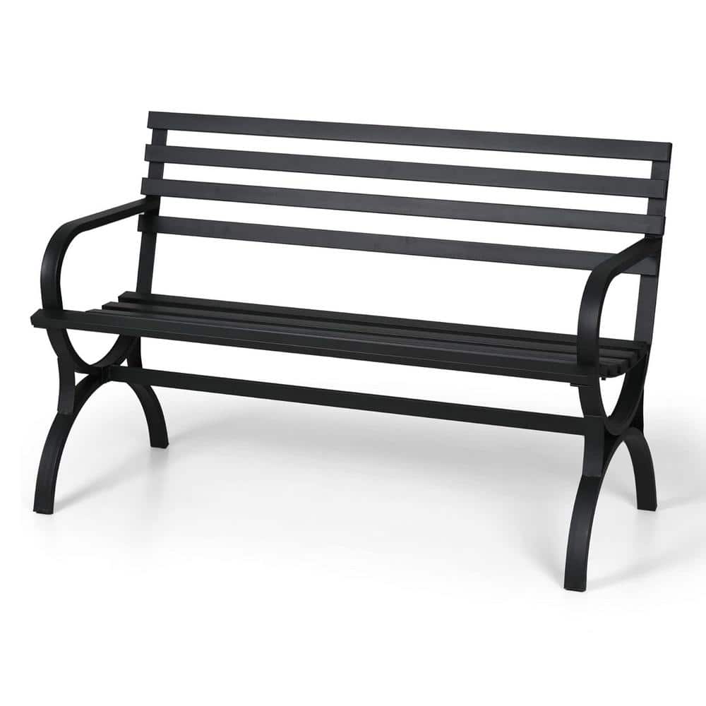 48 in. Black Metal Modern Slatted Design Steel Outdoor Bench with Backrest 