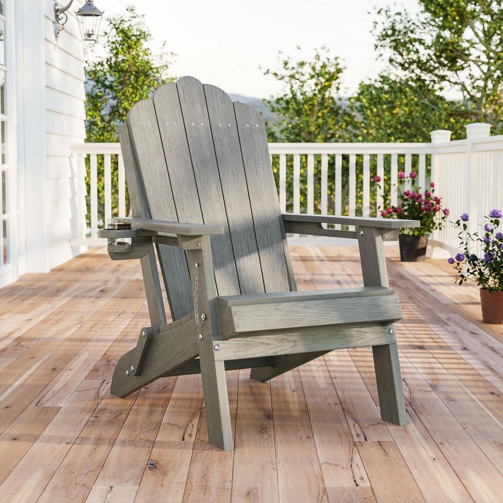 All-Weather Patio Folding Adirondack Chair HDPE Frame Lawn Chair with Slat Seat and Cup Holder, Light Gray price history on PriceWatchPro
