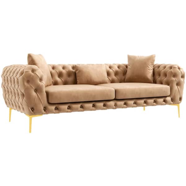 Ashcroft Furniture Co Melody 89 in. W Round Arm Chesterfield Velvet Living Room Sofa Couch in Mocha Brown (Seats 3)