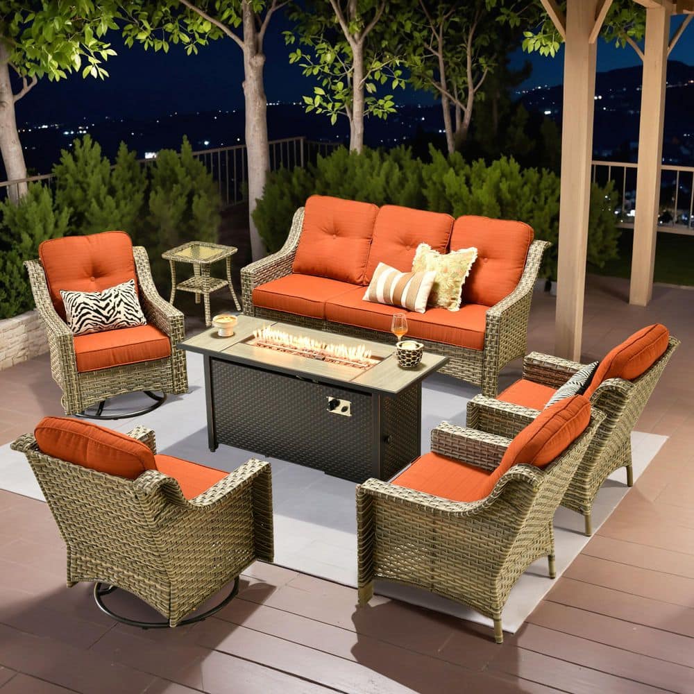 Tulip R 7-Piece Wicker Patio 54" Fire Pit Conversation Set with Swivel Rocking Chairs and Orange Red Cushions