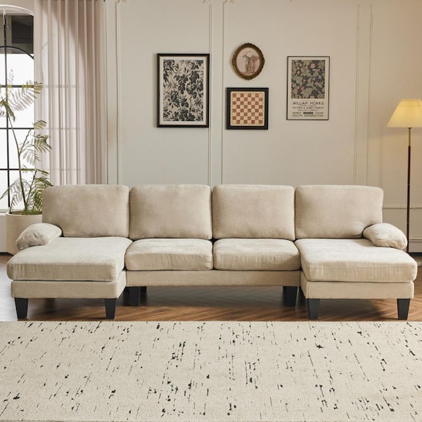 111 in. Pillow Top Arm 3-Piece U-Shaped Chenille Mordern Sectional Sofa in Brown