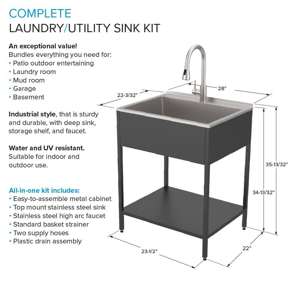 28'' Matte Black Stainless Steel Free Standing Laundry Sink with Faucet