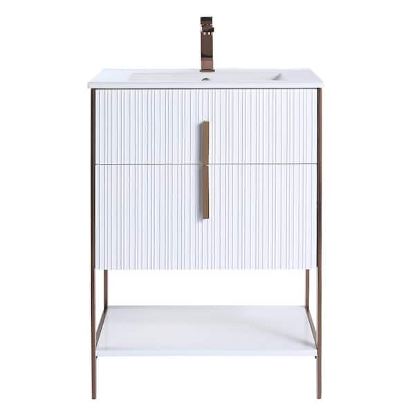 FINE FIXTURES 24 in. W x 18 in. D x 33.5 in. H White Bath Vanity Matte with Ceramic Sink Top in White with Rose Gold Hardware