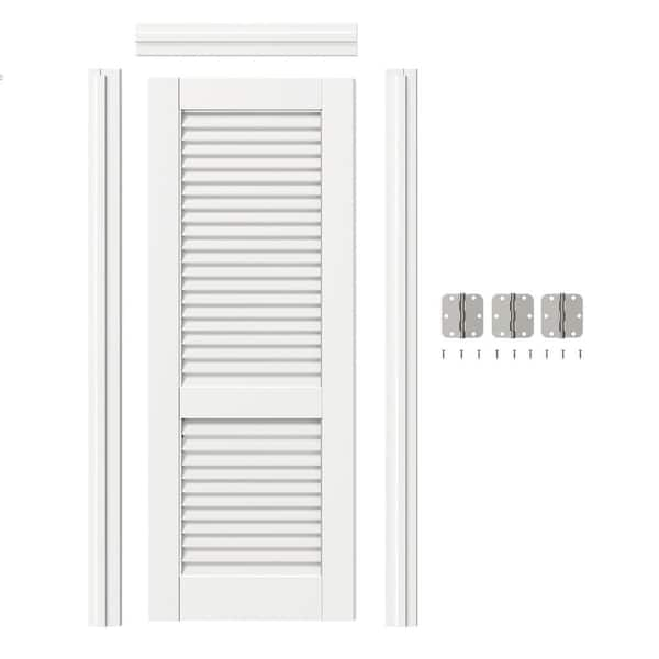 32 in. x 80 in.Left-Handed Louvered Solid Core White Primed MDF Wood Single Prehung Interior Door with Jamb Hareware Kit