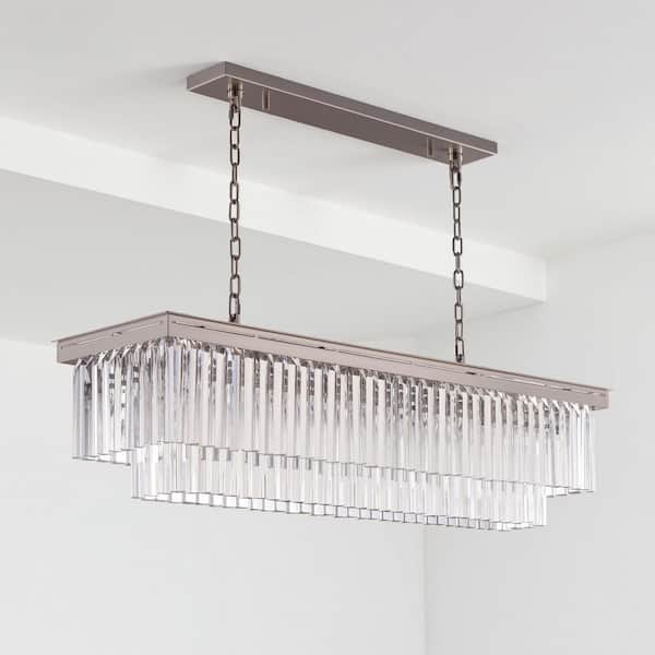 12-Light 50 in. Brushed Nickel Luxury Rectangular Crystal Chandelier with No Bulbs Included