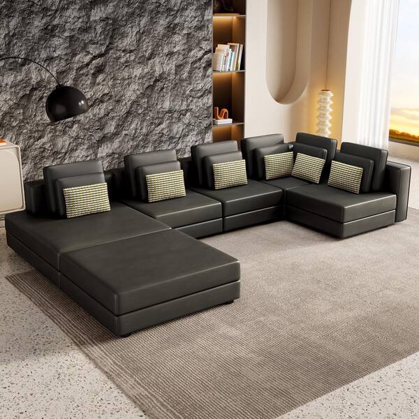 Magic Home 112 in. Armless Modular Palomino Fabric Sectional Sofa Corner Sofa Chaise Lounge with Movable Ottoman in Black CS W1036S00021 The Home Depot