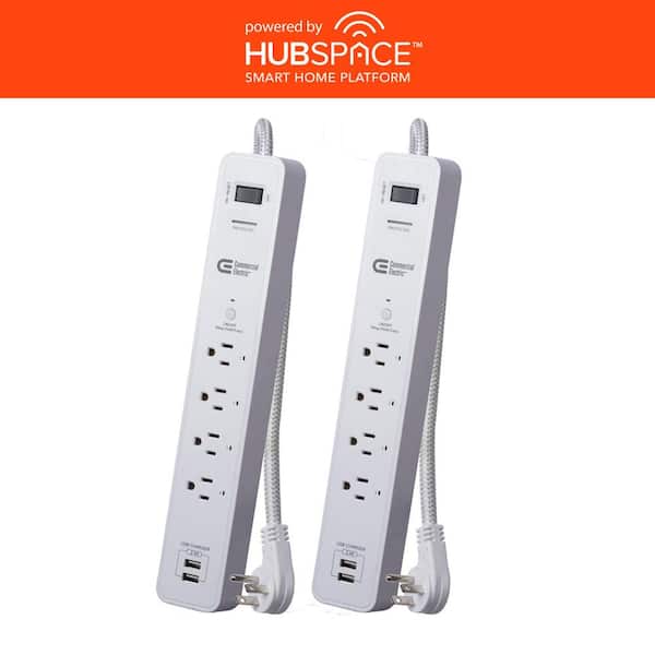 Commercial Electric 3 ft. 4-Outlet White Surge Protector Smart with USB Powered by Hubspace (2-Pack)