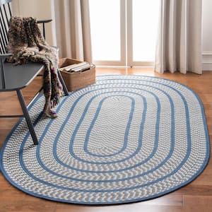 Braided Ivory/Blue Doormat 3 ft. x 4 ft. Oval Border Area Rug