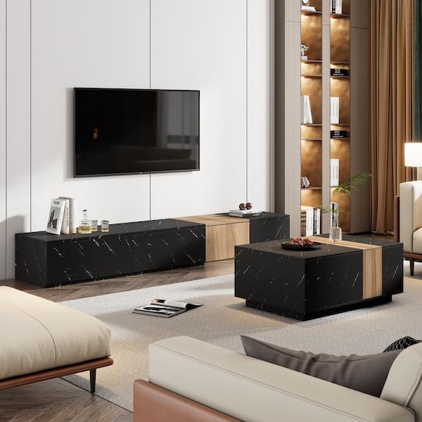 Polibi Modern Black TV Stand Fits TV's up to 88 in. with Faux Marble, 2 Storage Drawers