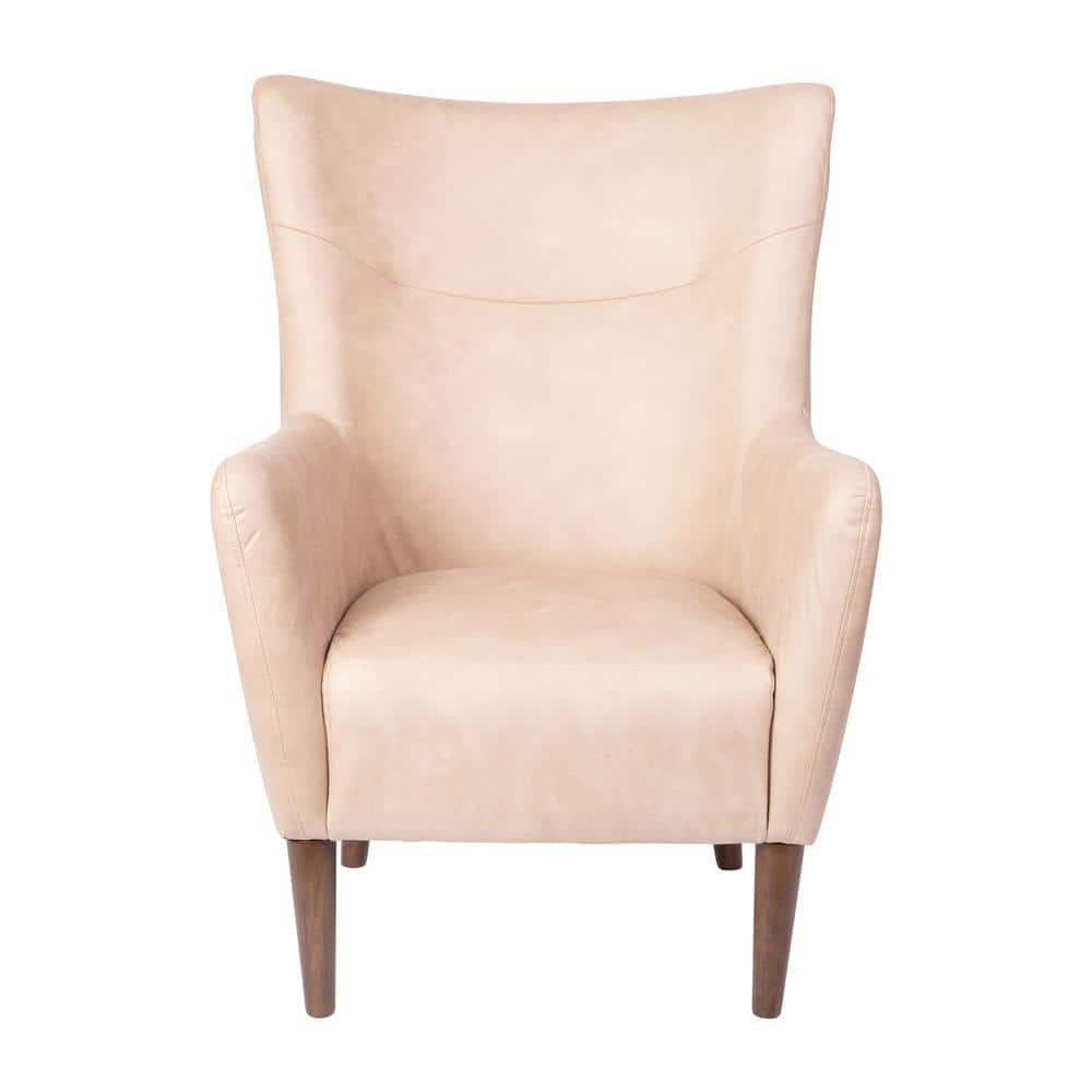 Light Brown Faux Leather Wingback Accent Chair with Wooden Legs