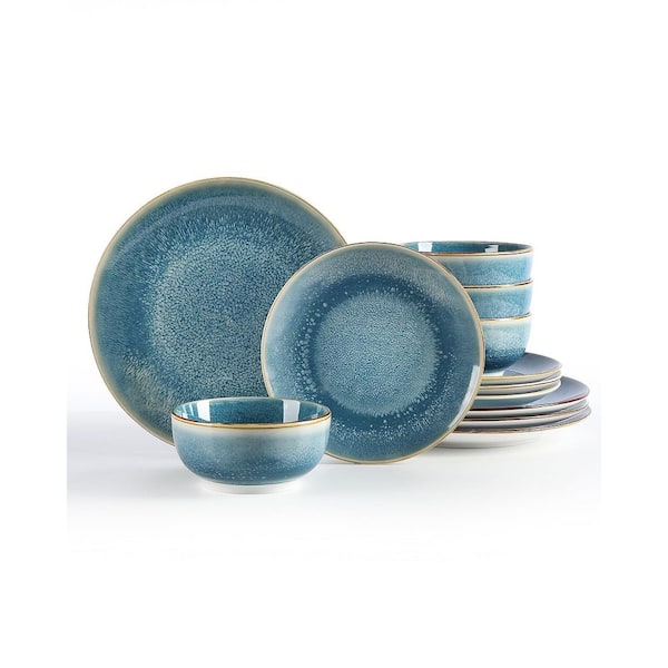 12-Piece Blue Porcelain Dinnerware Sets (Service for 4), Chip and Scratch Resistant, Handmade Dishwasher Safe
