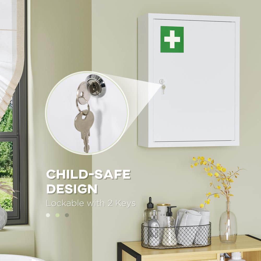 White Steel Wall-Mounted Lockable Medicine Cabinet with 3 Tiers