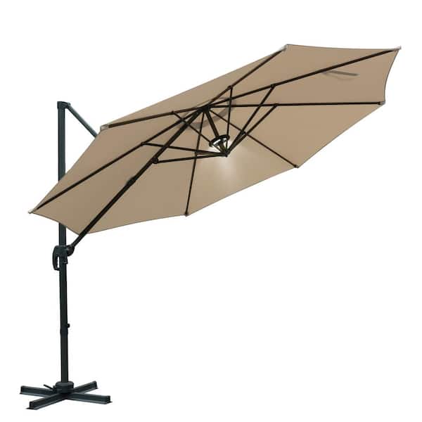 LAUREL CANYON 10 ft. Aluminum Offset Cantilever Adjustable Vertical Tilt Round Patio Umbrella with LED Light in Beige