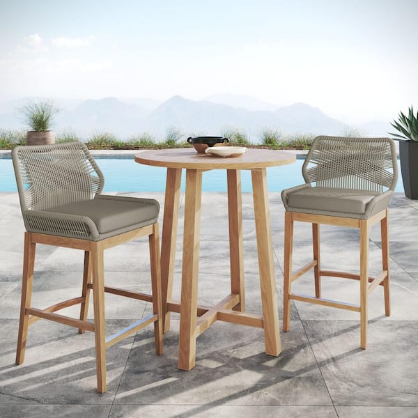 Wellspring 3-Piece Teak Wood Outdoor Dining Bar Set in Light Gray Greige with Cushion