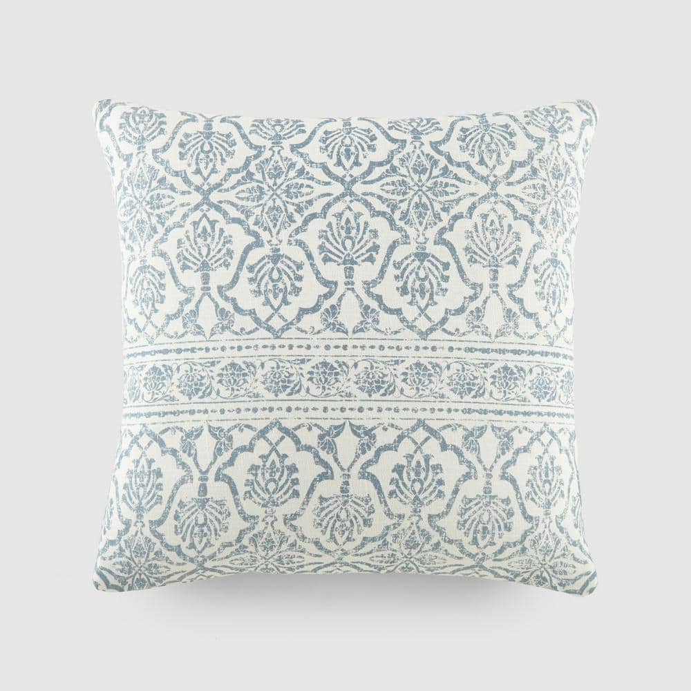 Elegant Light Blue Cotton Floral Square Throw Pillow