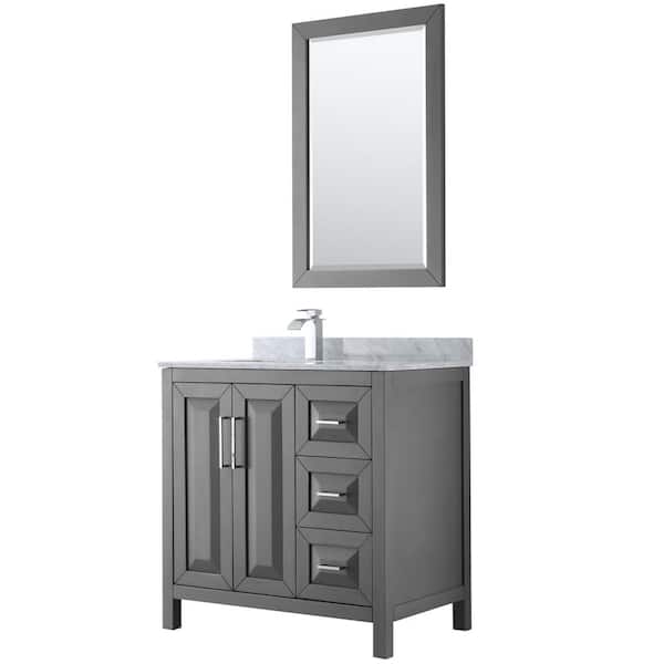 Wyndham Collection Daria 36 in. Single Bathroom Vanity in Dark Gray with Marble Vanity Top in Carrara White and 24 in. Mirror