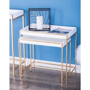 22 in. White Large Rectangle Wood Nesting Geometric Console Table with Gold Metal Legs (2- Pieces)