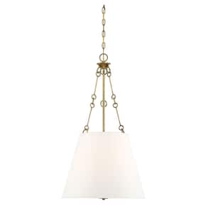 Austin 18 in. W x 32.25 in. H 4-Light Warm Brass Shaded Pendant Light with White Fabric Shade
