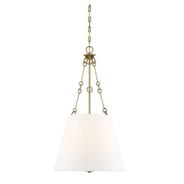 Savoy House Austin 18 in. W x 32.25 in. H 4-Light Warm Brass Shaded Pendant Light with White Fabric Shade
