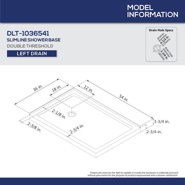 SlimLine 54 in. x 36 in. Double Threshold Shower Pan Base in White with Left Drain