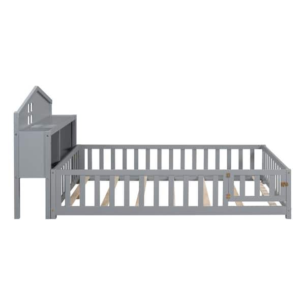 Gray MDF Frame Full Size Platform Bed with Bookcases, Blackboards, Guard Rails and Storage Headboards for Kids