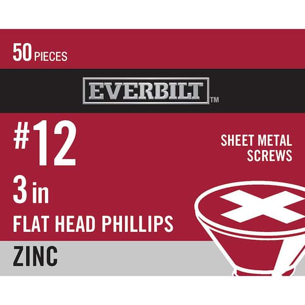 Everbilt #12 x 3 in. Phillips Flat Head Zinc Plated Sheet Metal Screw (50-Pack)