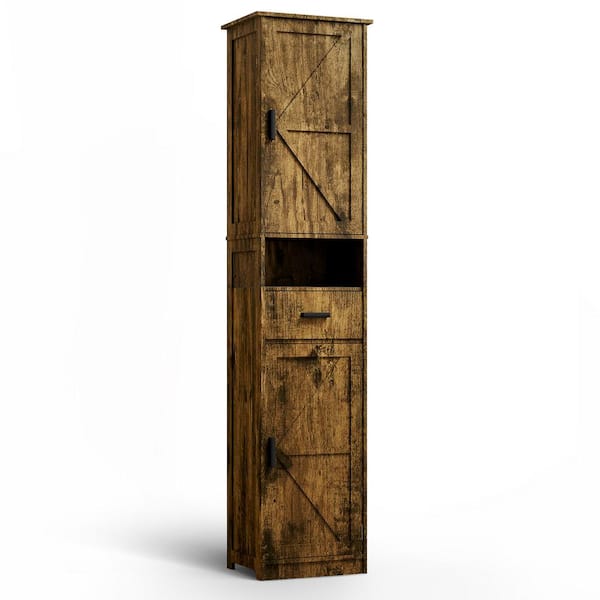 14.56 in. W x 11.22 in. D x 69.29 in. H Vintage Brown Linen Cabinet with 2 Barn Doors and 1 Drawer