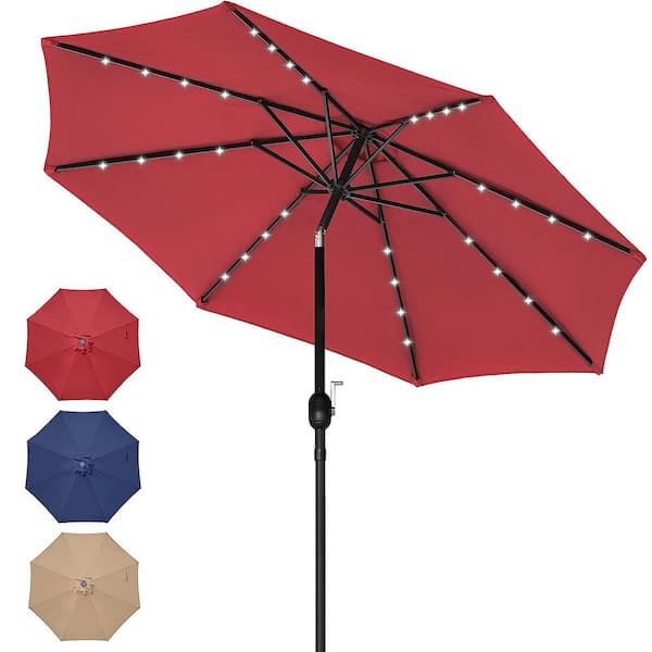JimsMaison 9 ft. Steel Market Umbrella in Red with Push Button Tilt and LED lights