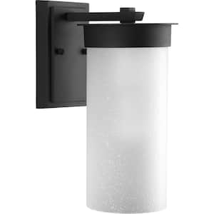Hawthorne Collection 1-Light Textured Black Etched Seeded Glass Craftsman Outdoor Medium Wall Lantern Light
