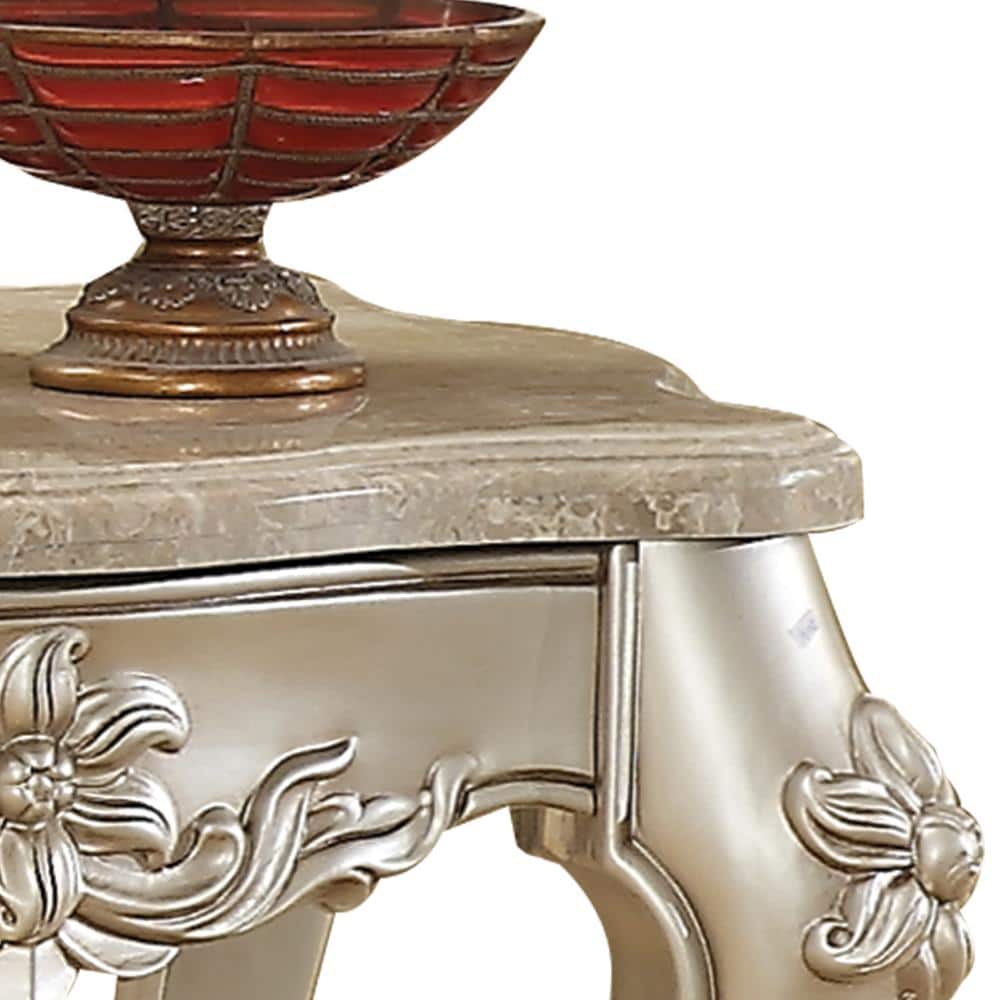Silver Marble Top End Table with Floral Motif and Wood Legs