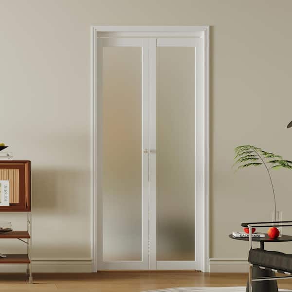 36 in. x 80 in. 1-Panel, Frosted Glass, White Solid Core, MDF Wood, PVC Covering Bi-fold Doors with Hardware Kits