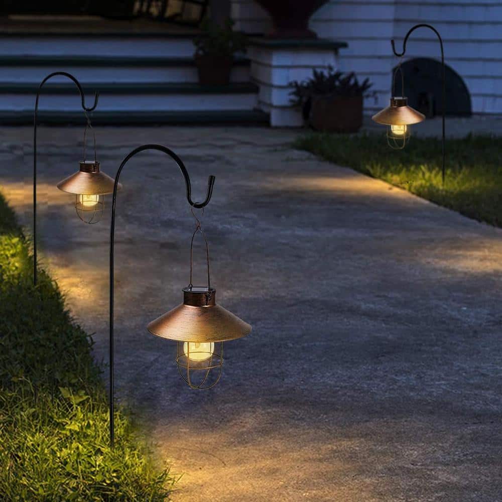 Brushed Copper Solar LED Hanging Lantern with Shepherd Hook, 2-Pack