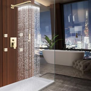 3-Spray Patterns 10 in. Wall Mount Dual Shower Heads 1.8 GPM Shower System with 4 Body Jets in Brushed Gold