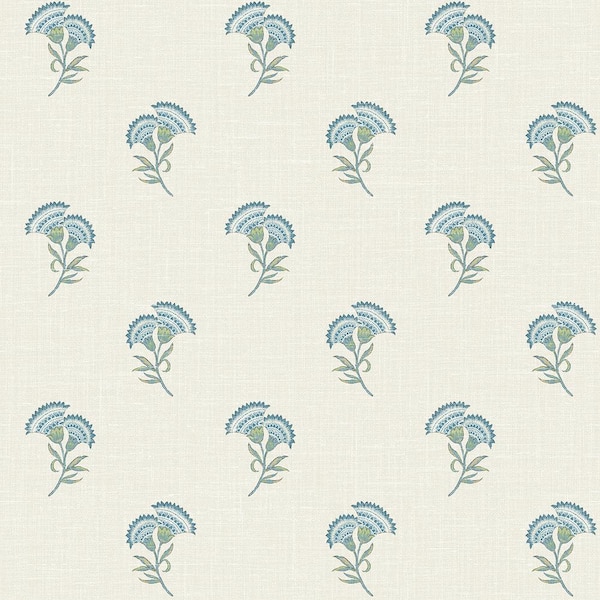 Seabrook Designs Blue Bell and Herb Lotus Branch Floral Paper Unpasted Nonwoven Wallpaper Roll 60.75 sq. ft.