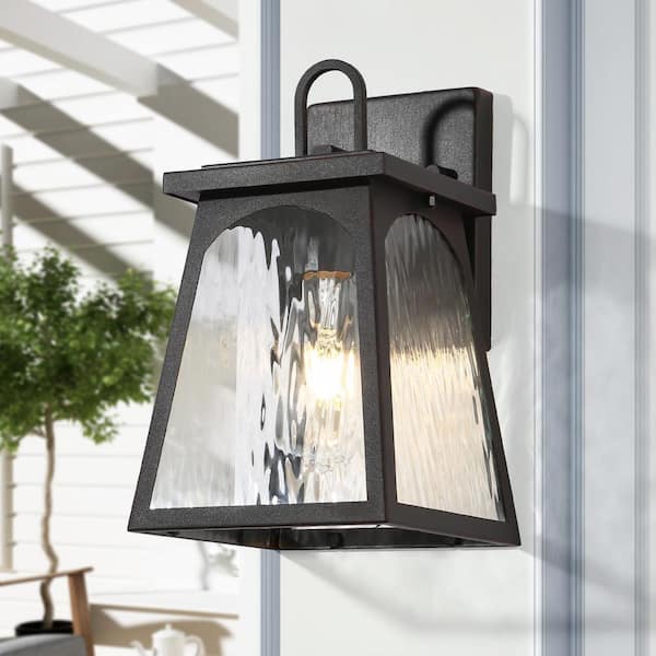 LNC Modern 1-Light Rusty Bronze Outdoor Wall Lantern Sconce with Water Wave Arched Window Glass Shade and No Bulbs Included