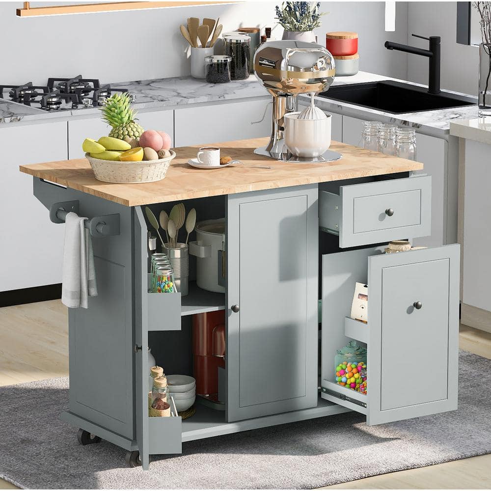 ARTCHIRLY Grey Blue Rubber Wood Top 53.9 in. Kitchen Island with Drop ...