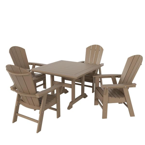 Laguna Outdoor Patio Adirondack Weather Resistant Weatherwood 5-Piece HDPE Plastic Square Table Dining Set
