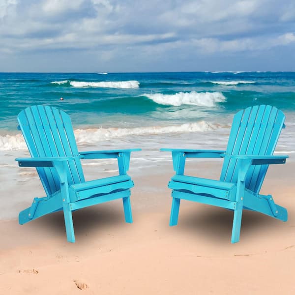 WELLFOR Blue Outdoor Solid Wood Folding Adirondack Chair (Set of 2)
