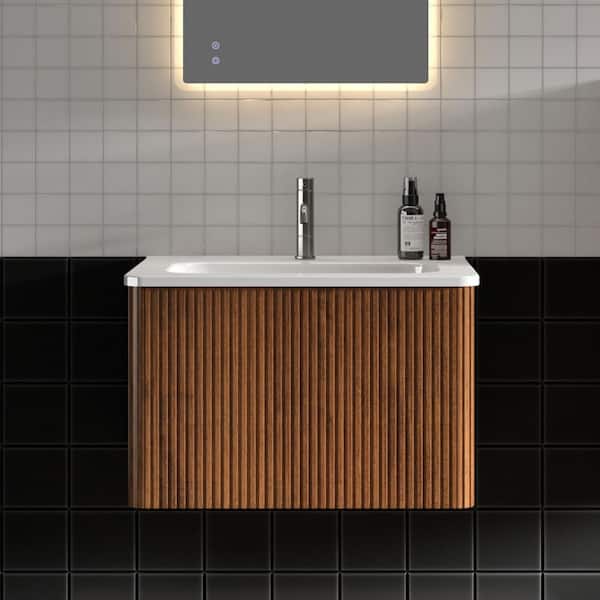 FAMYYT 24 in. W x 18 in. D x 15.6 in. H Single Sink Floating Bath Vanity in Walnut with White Ceramic Top, U-Shape Wall Fitting