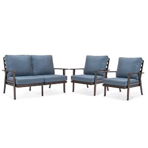 Walbrooke Brown 3-Piece Aluminum Patio Set with Removable Navy Blue Cushions Loveseat and Armchairs (Set of 2)