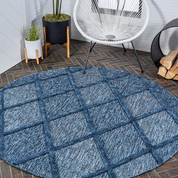 Salines Navy 5 ft. Round Diamond Trellis Indoor/Outdoor Area Rug