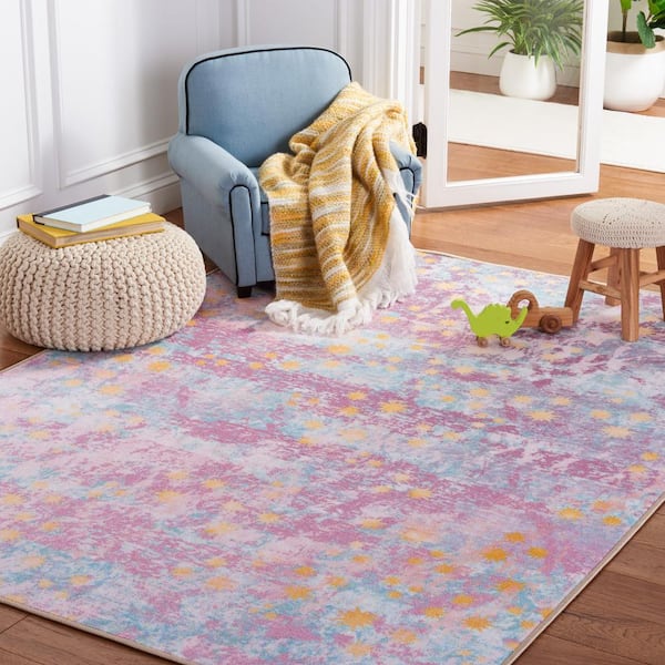 Kids Playhouse Purple/Light Blue Doormat 3 ft. x 5 ft. Machine Washable Distressed Abstract Area Rug