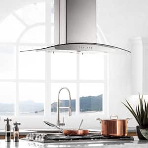 30 in. 400 CFM Convertible Island Mount Range Hood with 2 LED Lights in Stainless Steel with Curved Glass