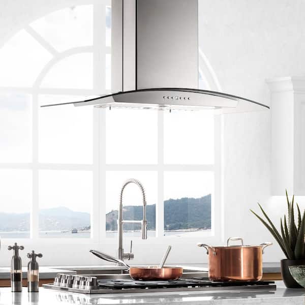 30 in. 400 CFM Ducted Island Mount Range Hood in Stainless Steel with Built-in Crown Sound Bluetooth Speakers