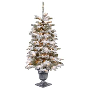 4 ft. Feel Real Snowy Camden Entrance Tree in Silver Brushed Urn with 100 Clear Lights