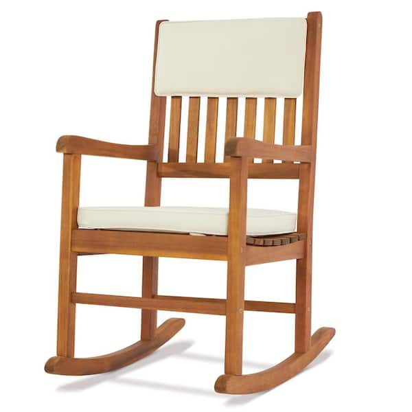 Karl home Natural Wood Outdoor Rocking Chair with Beige Sponge Cushion