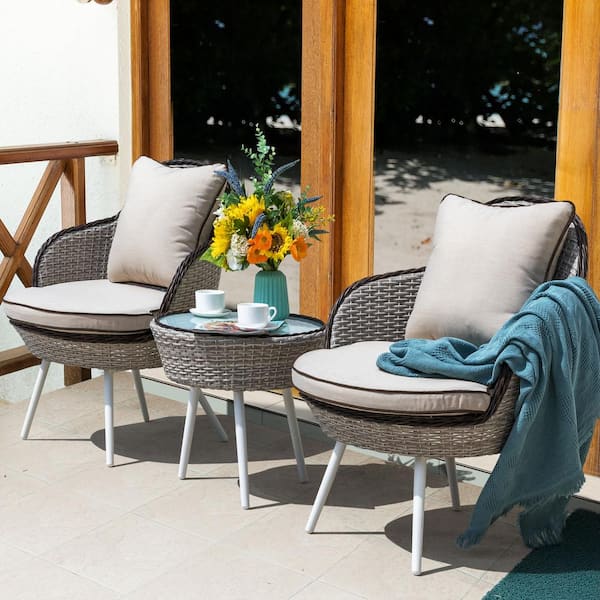 Nuu Garden 3-Piece Wicker Patio Conversation Set Outdoor Bistro Set with Beige Cushion